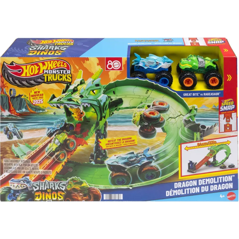 Hot Wheels Monster Trucks Sharks vs. Dinos Dragon Destruction játékkészlet, versenypálya