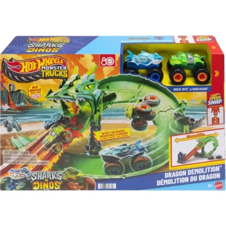 Hot Wheels Monster Trucks Sharks vs. Dinos Dragon Destruction játékkészlet, versenypálya