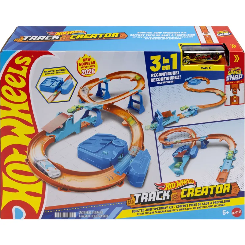 Hot Wheels Track Creator gyorsító ugró gyors pálya készlet, versenypálya játékautóval és motoros gyorsítóval
